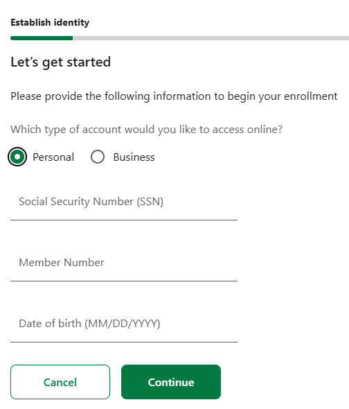 Establish identity screen for online banking enrollment